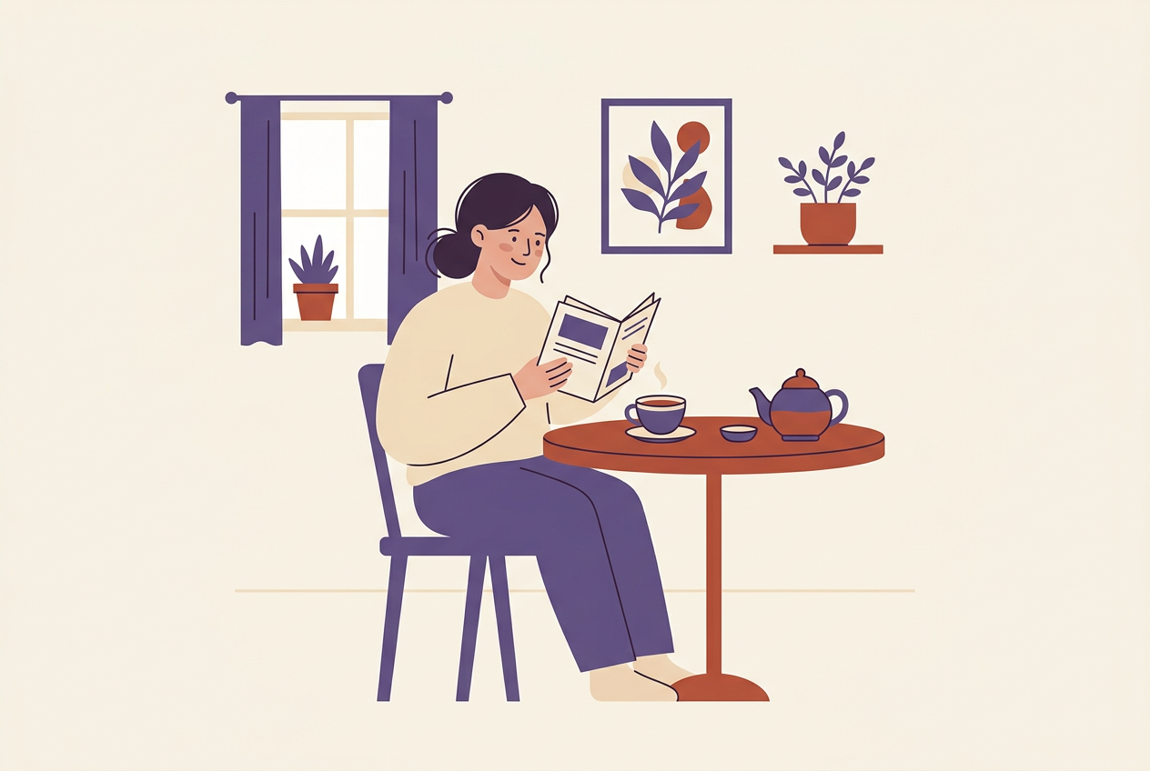 A learner reading a Languagegogo Mandarin guide at a tea table