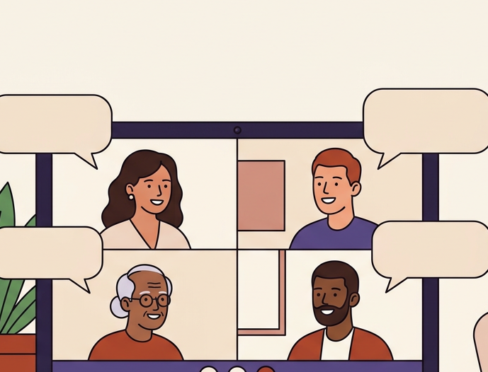 A learner speaking in a small group video call with the host and two other learners, a small keyword note on the desk